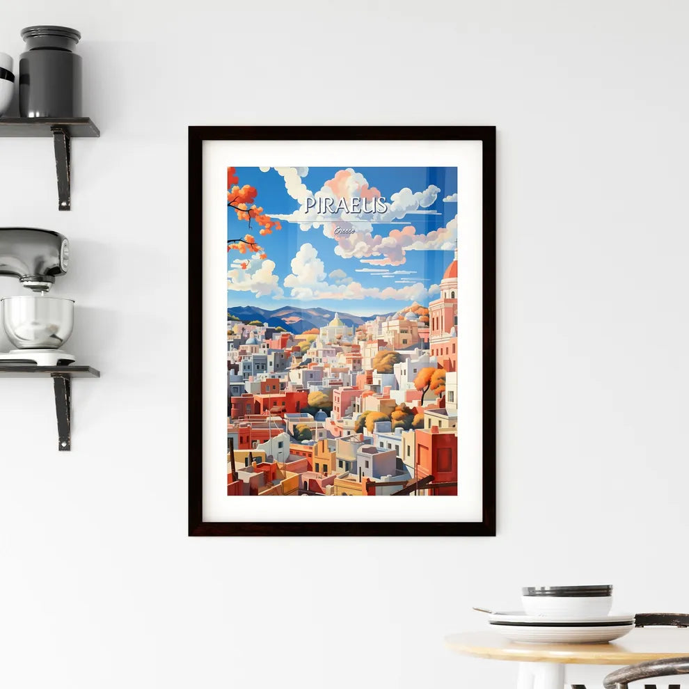 Piraeus, Greece - Art print of a colorful cityscape with mountains and trees Custom Print