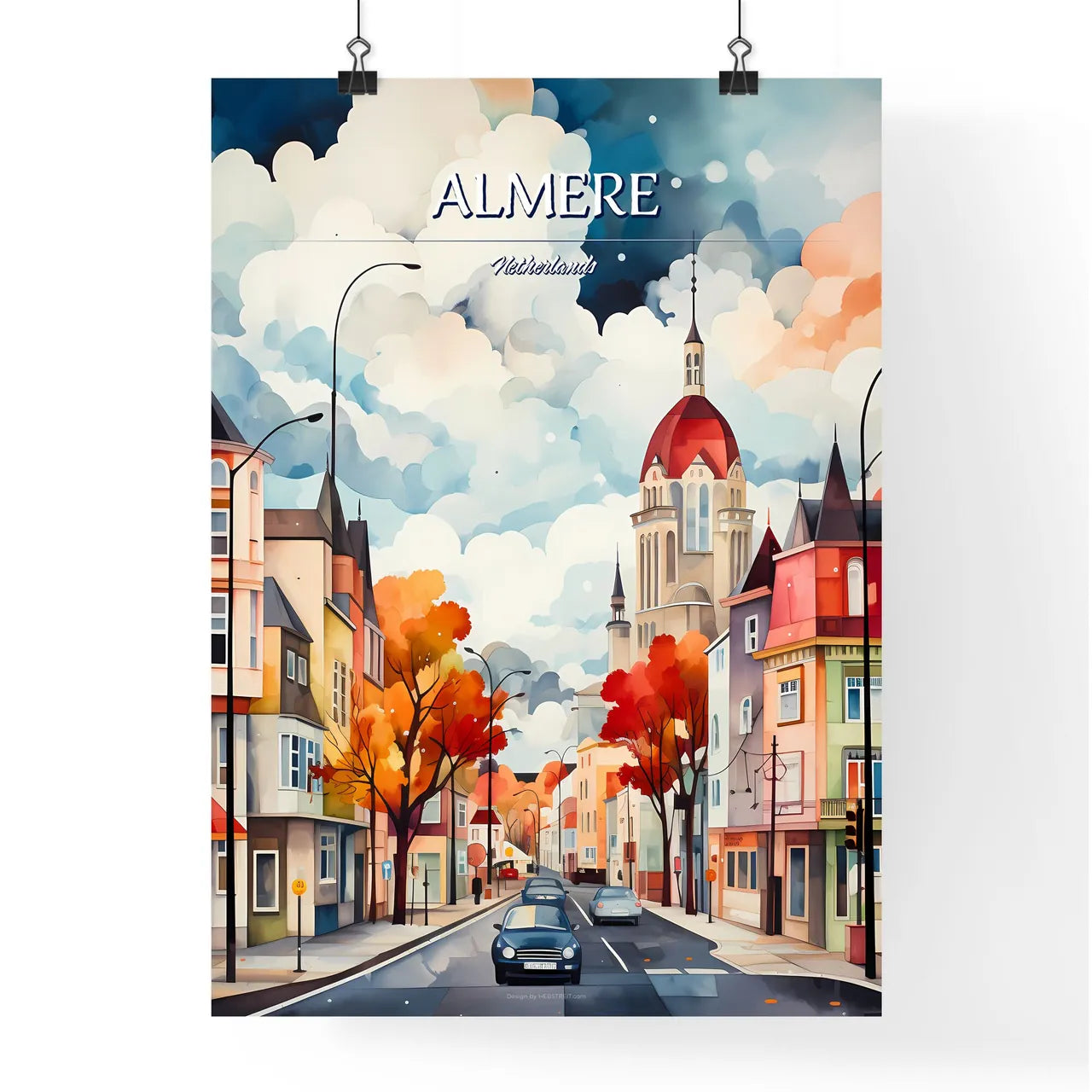 Almere, Netherlands - Art print of a street with cars and buildings Poster