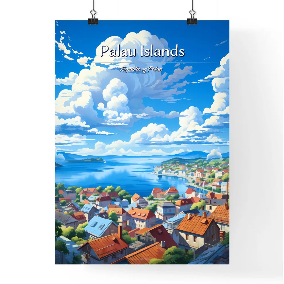 On the roofs of Palau Islands, Republic of Palau - Art print of a city by the water Poster
