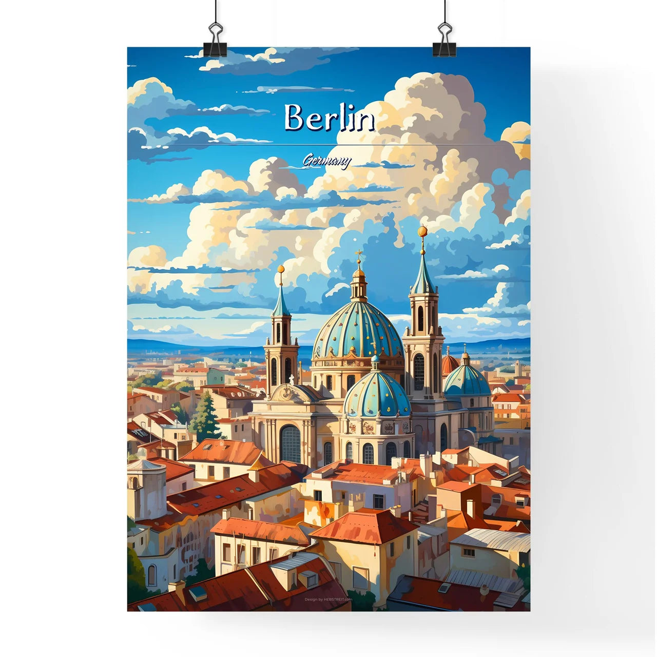 On the roofs of Berlin, Germany - Art print of a large building with blue domes and a blue roof Poster