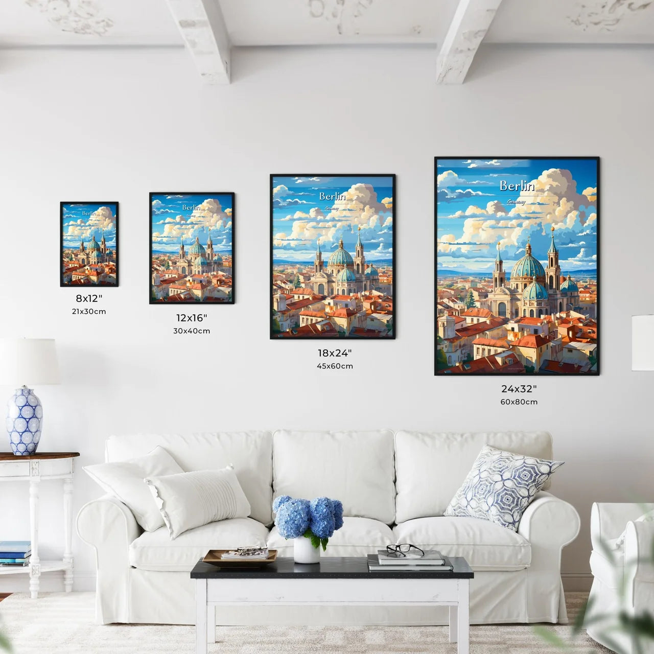 On the roofs of Berlin, Germany - Art print of a large building with blue domes and a blue roof Size Chart