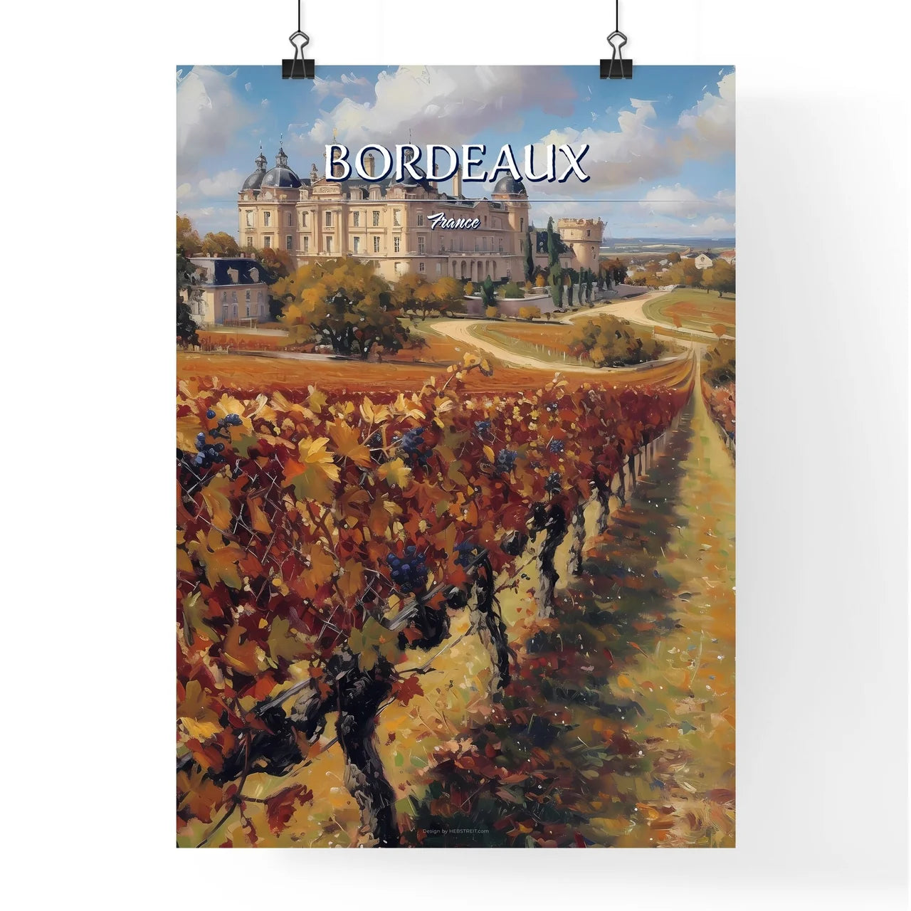 Bordeaux, France - Art print of a vineyard with a castle in the background Poster