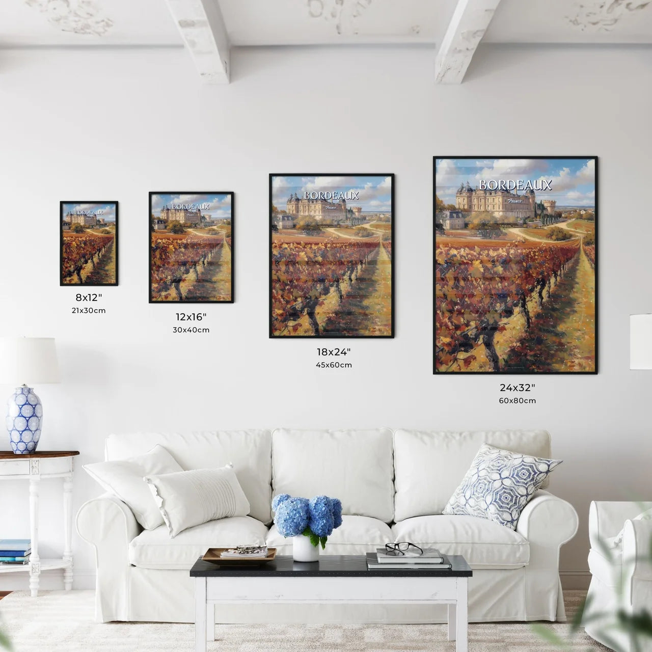 Bordeaux, France - Art print of a vineyard with a castle in the background Size Chart