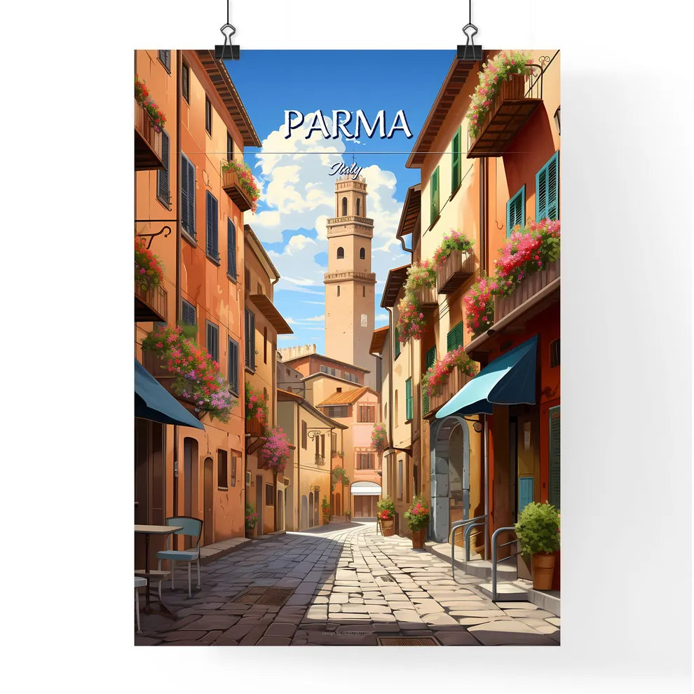 Parma, Italy - Art print of a street with buildings and a tower Poster