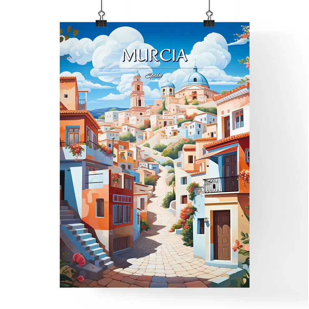 Murcia, Spain - Art print of a colorful city with blue sky and clouds Poster