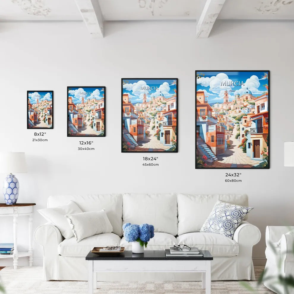 Murcia, Spain - Art print of a colorful city with blue sky and clouds Size Chart