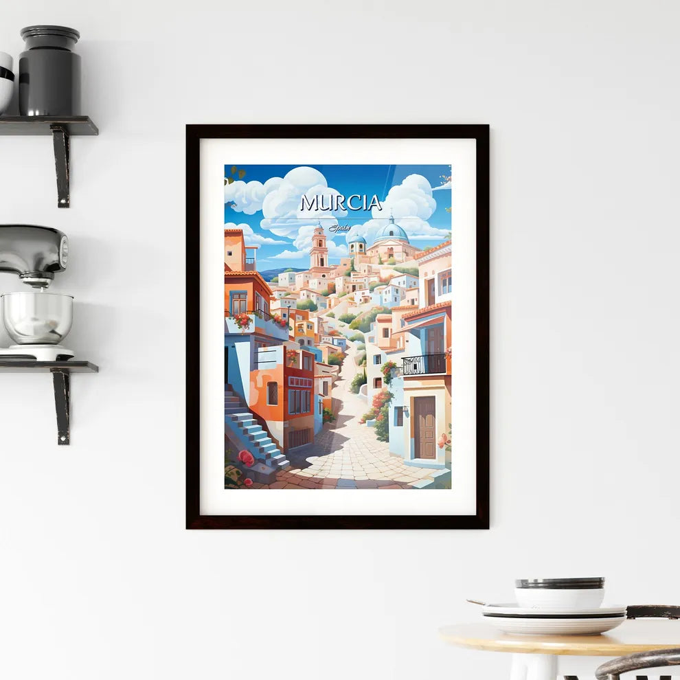 Murcia, Spain - Art print of a colorful city with blue sky and clouds Custom Print