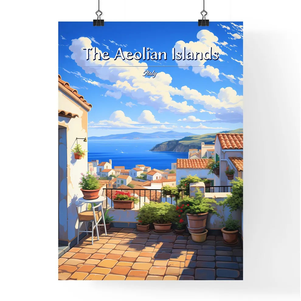 On the roofs of The Aeolian Islands, Italy - Art print of a view of a town from a balcony Poster