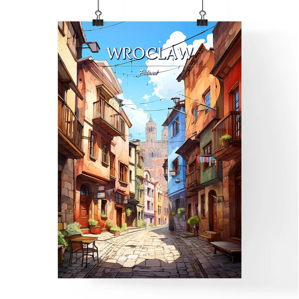 Wroclaw, Poland - Art print of a street with buildings and a castle in the background Poster