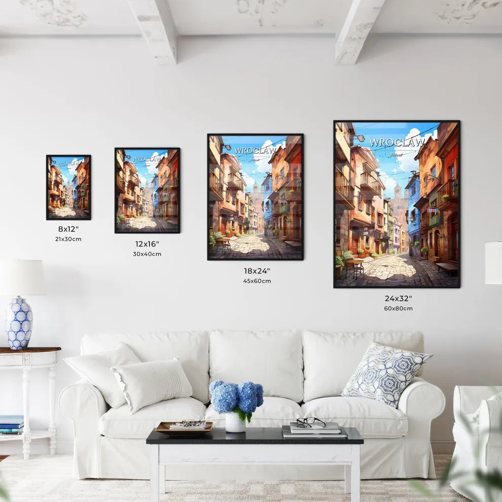 Wroclaw, Poland - Art print of a street with buildings and a castle in the background Size Chart