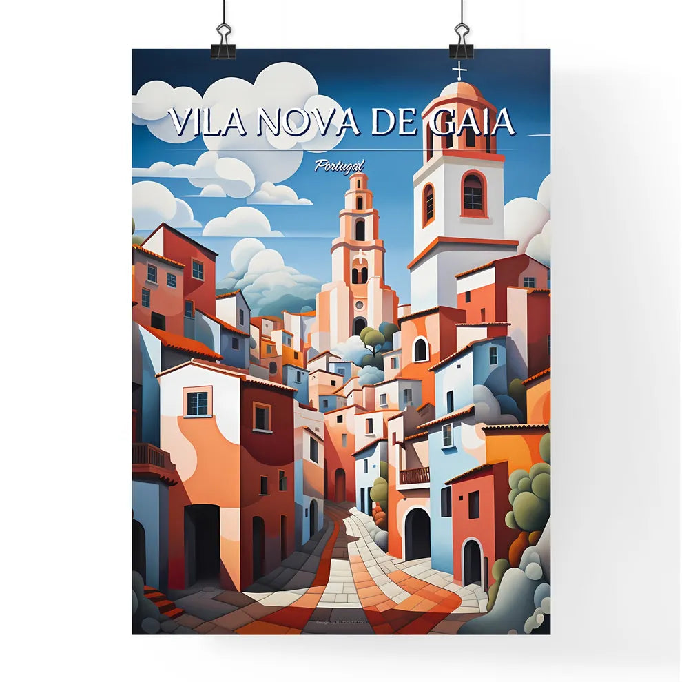 Vila Nova de Gaia, Portugal - Art print of a colorful city with a stone path and a tower Poster
