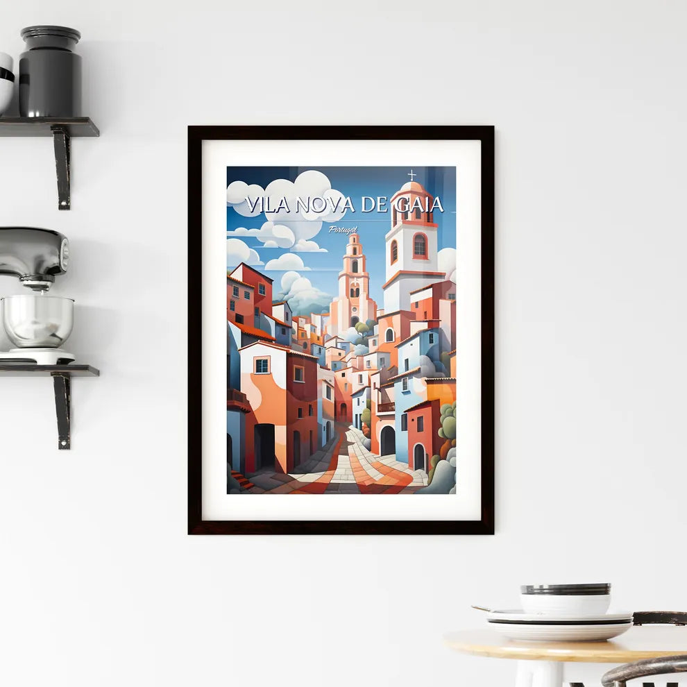 Vila Nova de Gaia, Portugal - Art print of a colorful city with a stone path and a tower Custom Print