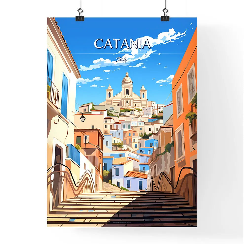 Catania, Italy - Art print of a staircase leading to a city Poster
