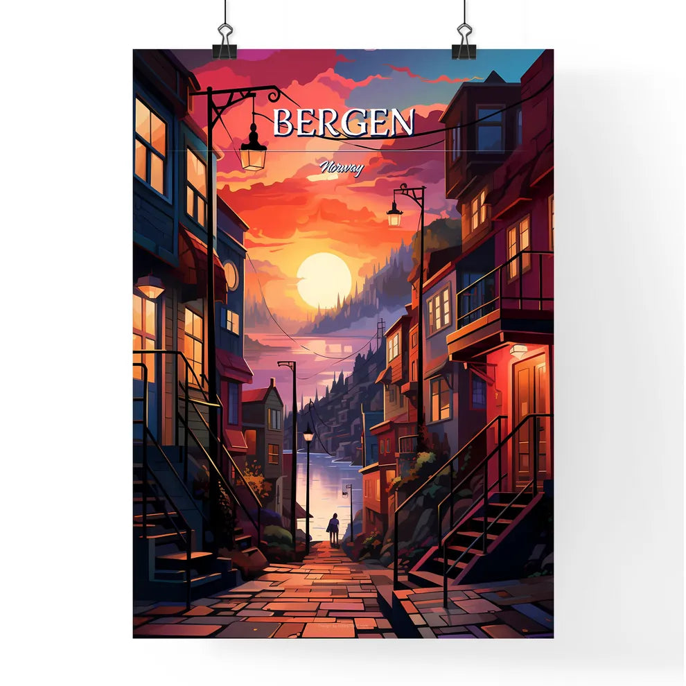 Bergen, Norway - Art print of a street with buildings and a river Poster