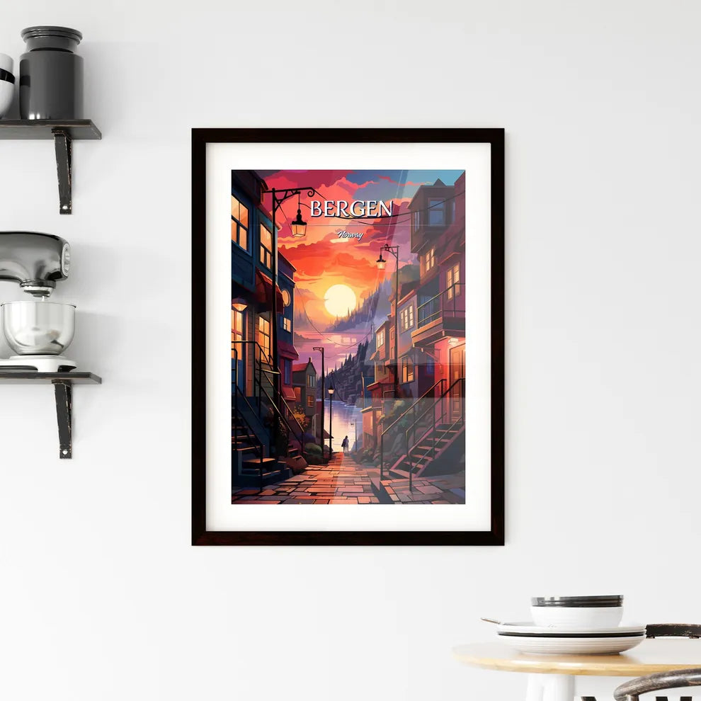 Bergen, Norway - Art print of a street with buildings and a river Custom Print