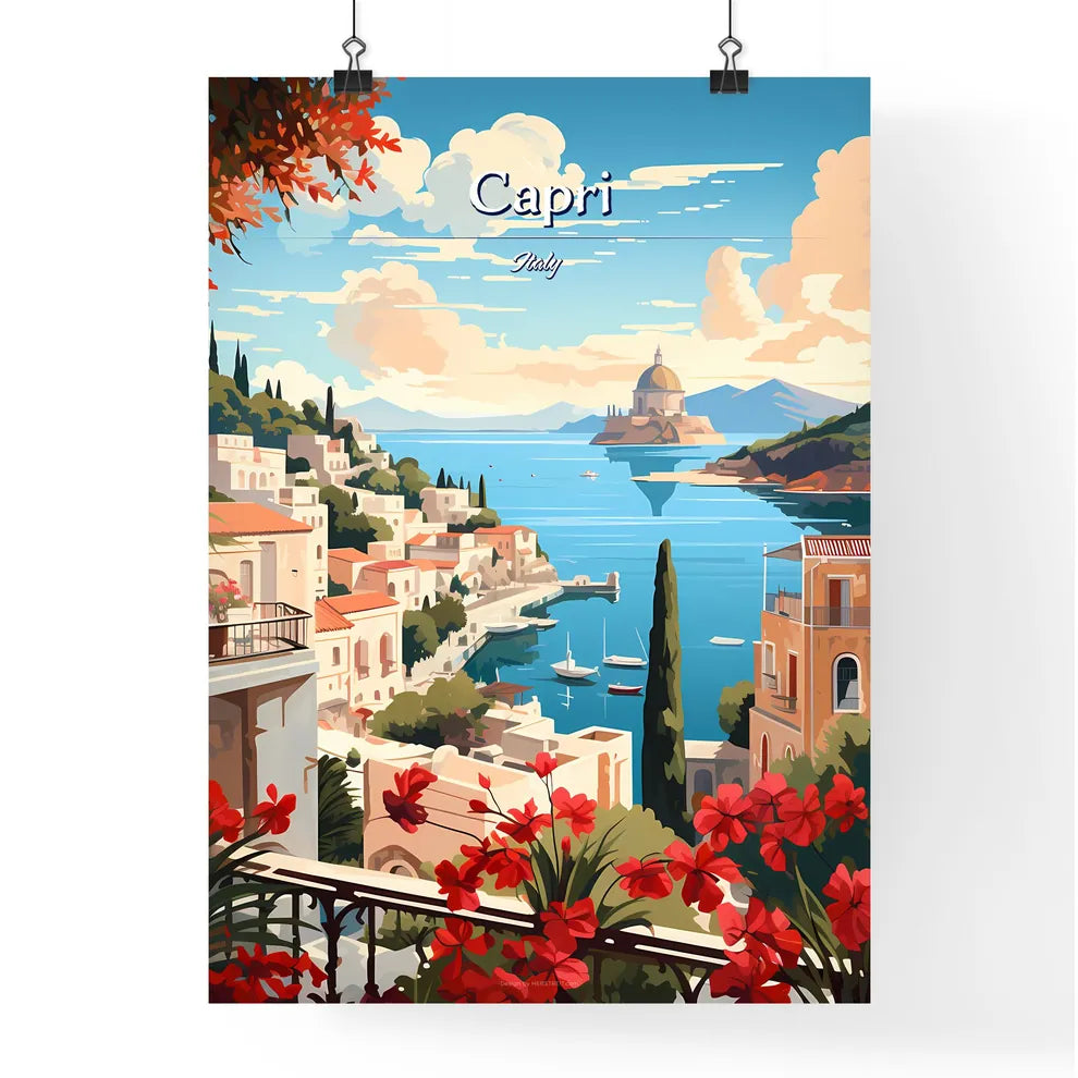 Capri, Italy - Art print of a painting of a town by the water Poster