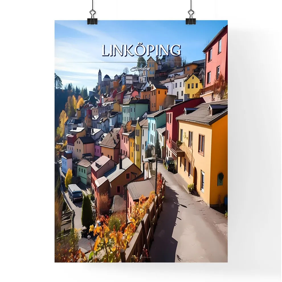 Linköping, Sweden, - Art print of a colorful houses on a hill Poster