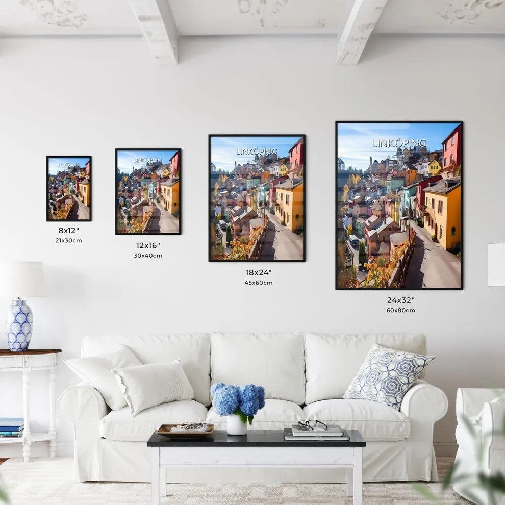 Linköping, Sweden, - Art print of a colorful houses on a hill Size Chart