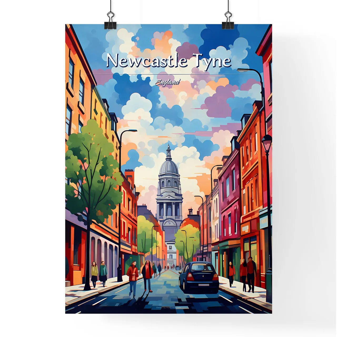 Newcastle upon Tyne, England - Art print of a street with cars and people walking on it Poster