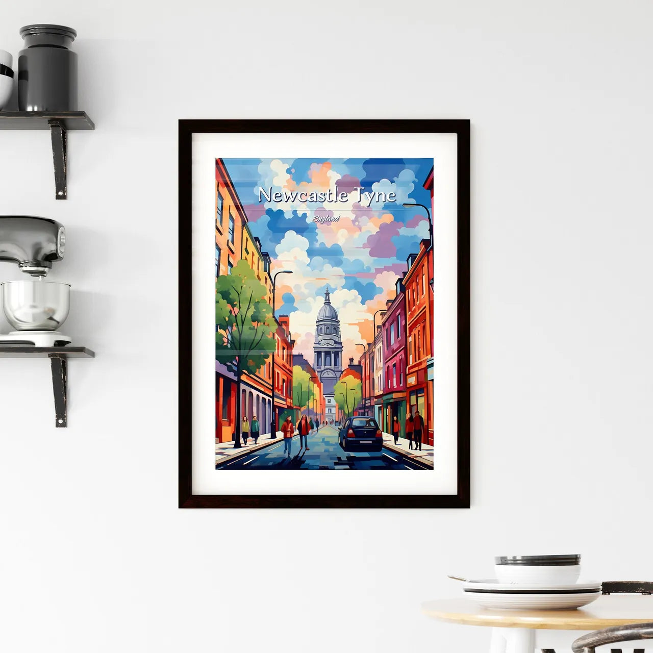 Newcastle upon Tyne, England - Art print of a street with cars and people walking on it Custom Print