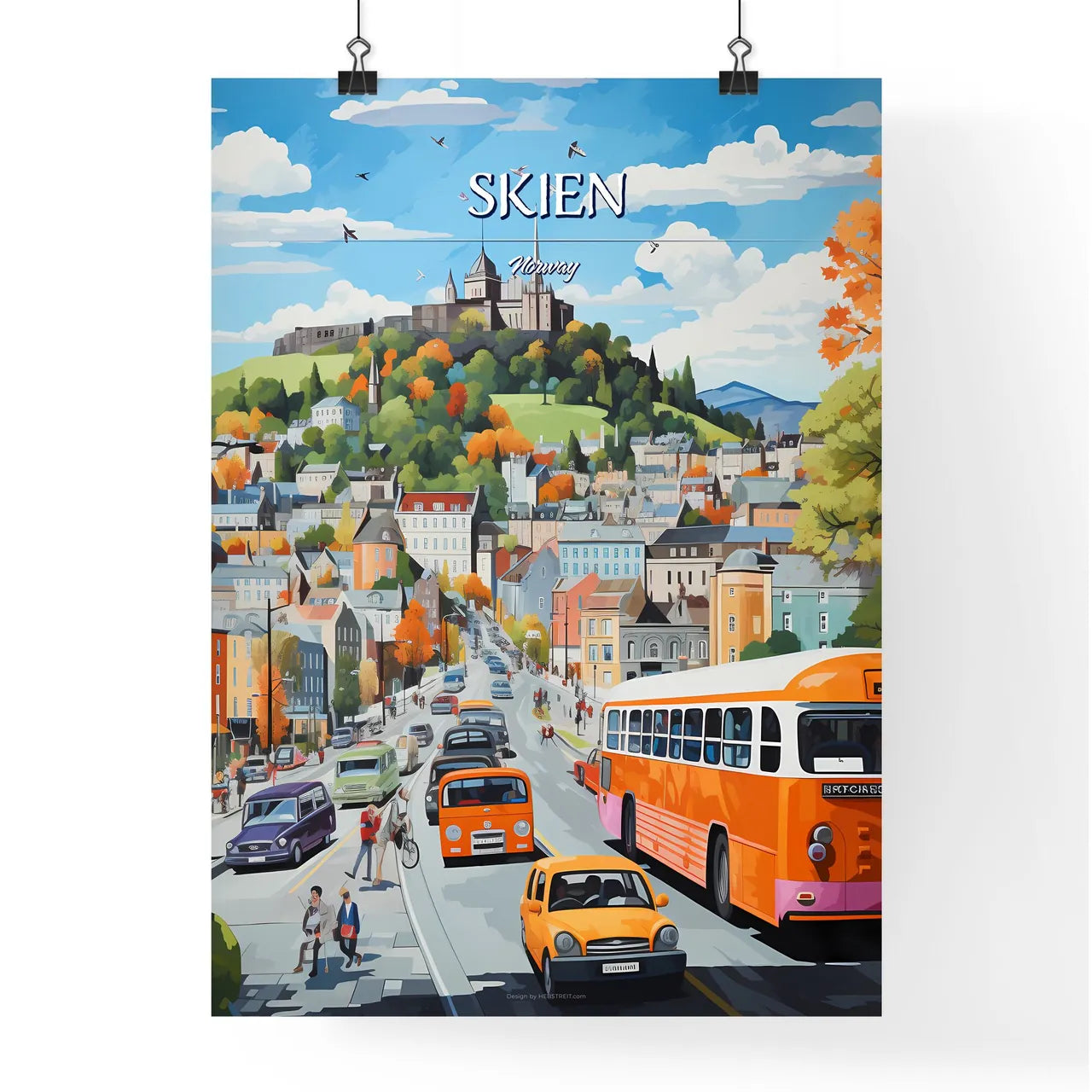 Skien, Norway - Art print of a painting of a city with a castle on a hill Poster
