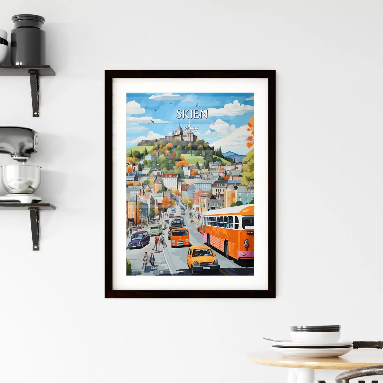 Skien, Norway - Art print of a painting of a city with a castle on a hill Custom Print
