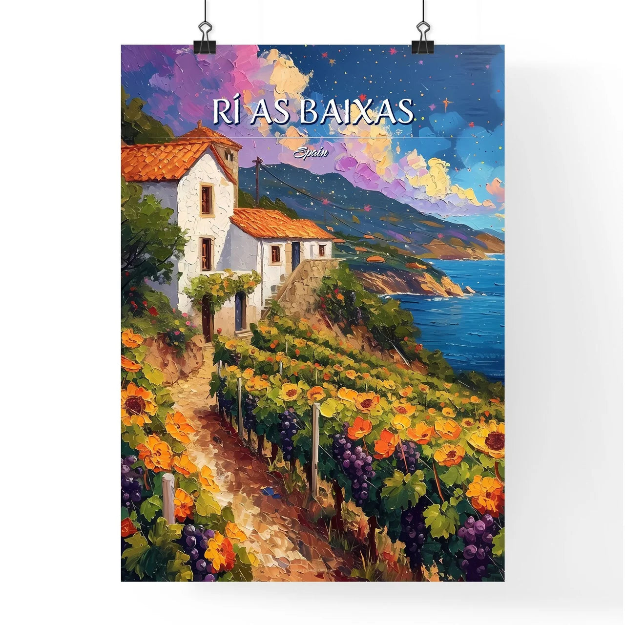 Rí­as Baixas, Spain - Art print of a painting of a house on a hill with flowers and a body of water Poster