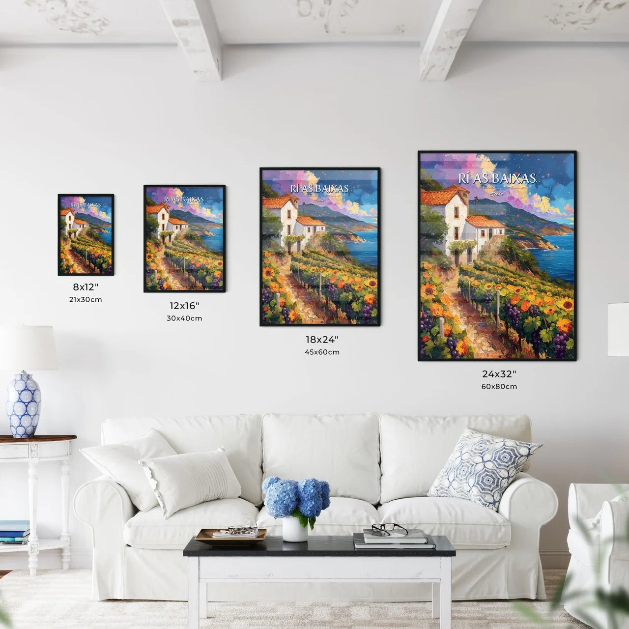 Rí­as Baixas, Spain - Art print of a painting of a house on a hill with flowers and a body of water Size Chart