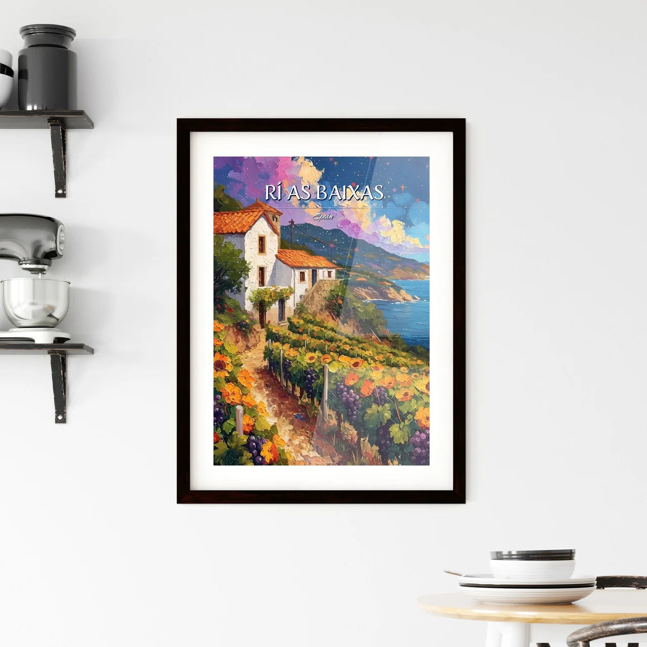 Rí­as Baixas, Spain - Art print of a painting of a house on a hill with flowers and a body of water Custom Print