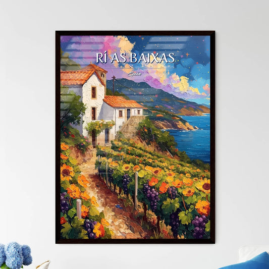 Rí­as Baixas, Spain - Art print of a painting of a house on a hill with flowers and a body of water Framed Art
