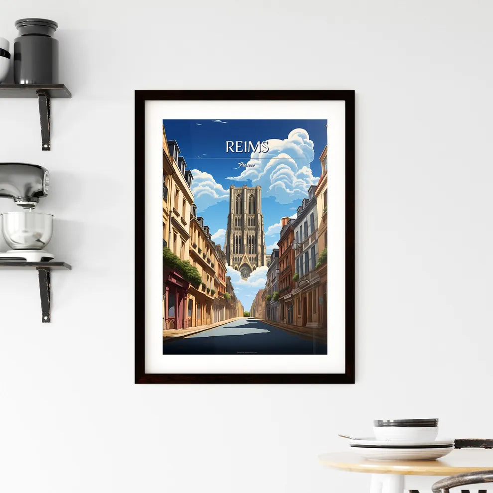 Reims, France - Art print of a street with buildings and a tall building in the sky Custom Print