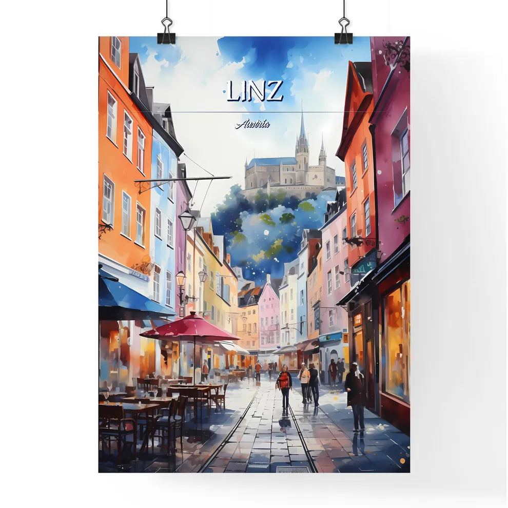 Linz, Austria - Art print of a street with tables and chairs and buildings with a castle in the background Poster