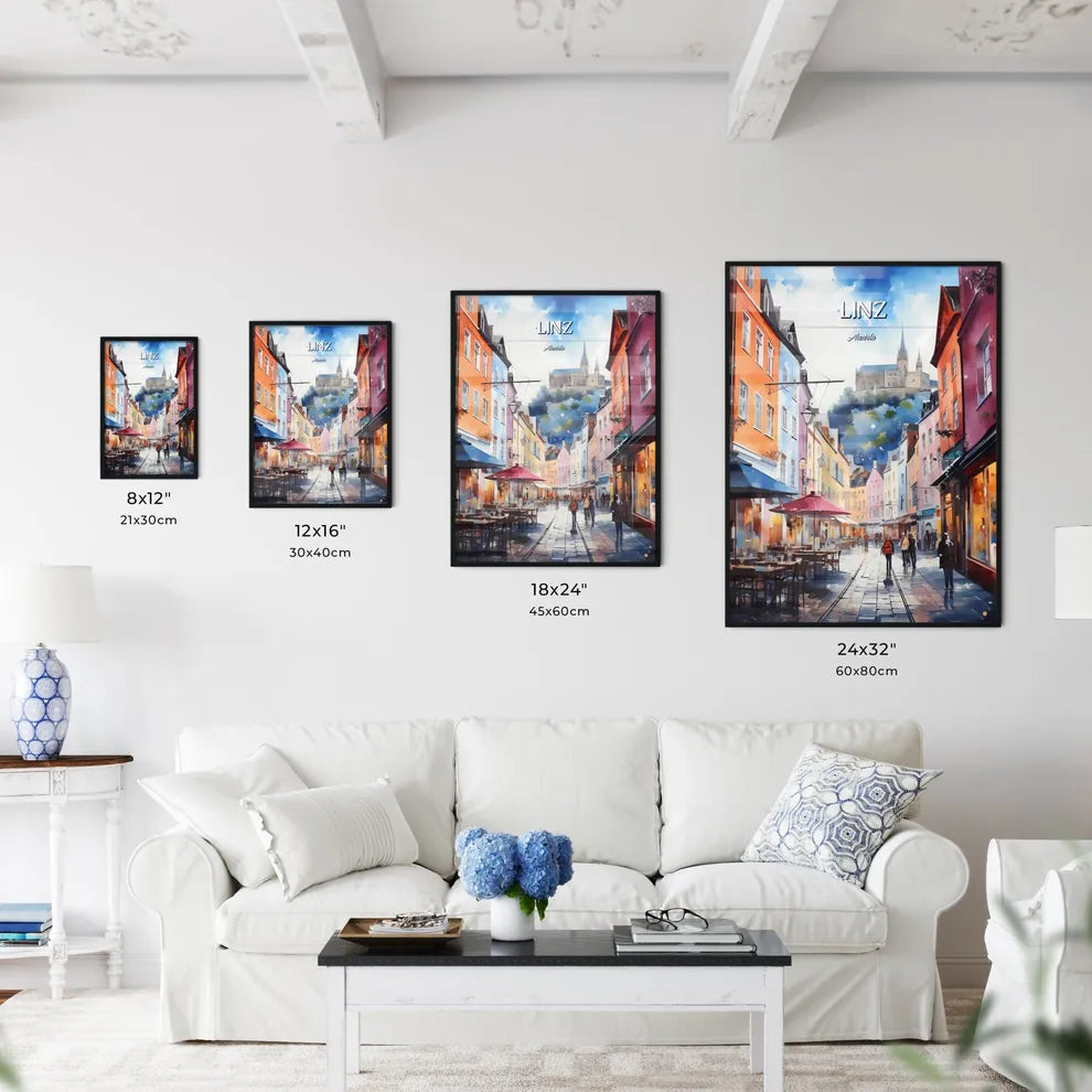 Linz, Austria - Art print of a street with tables and chairs and buildings with a castle in the background Size Chart