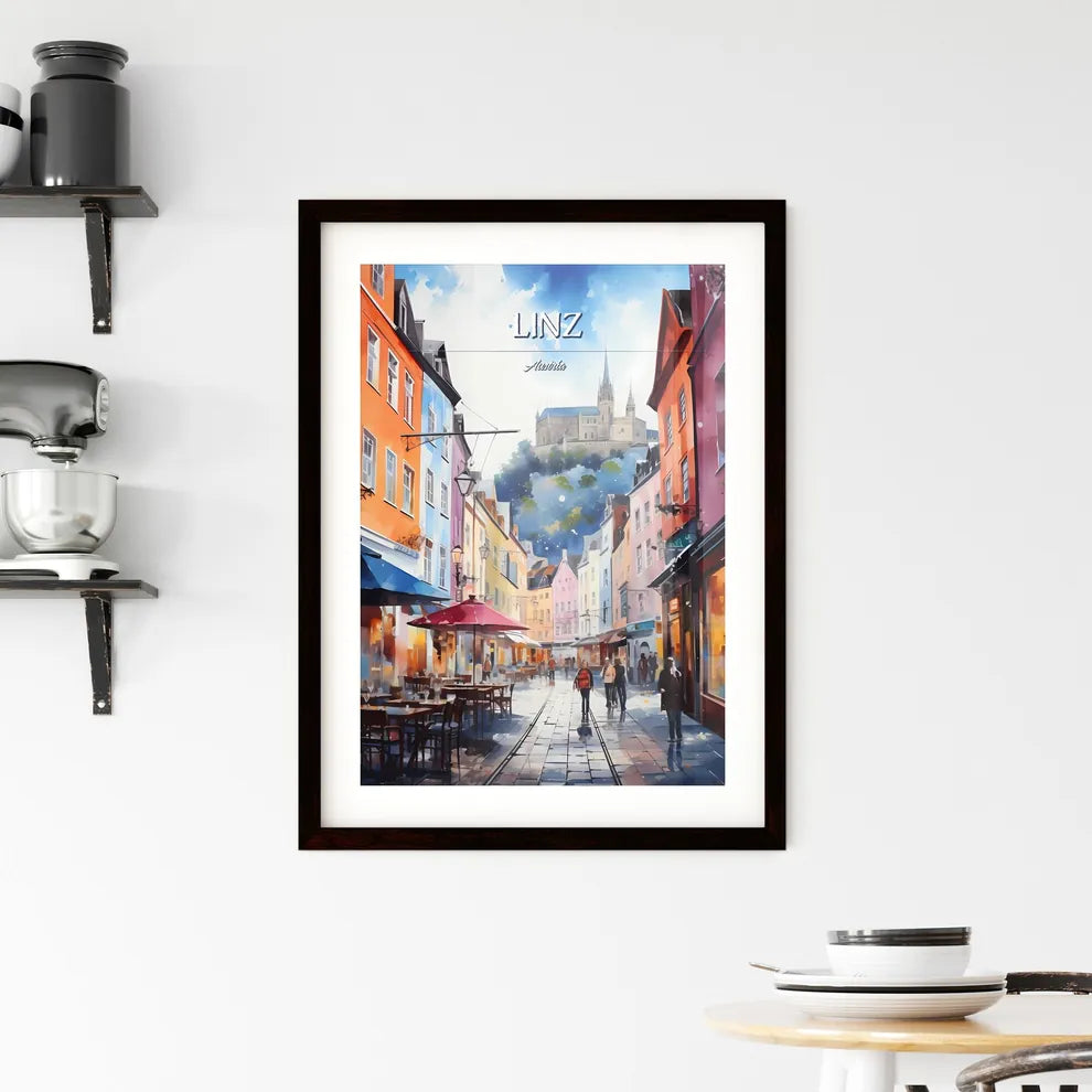 Linz, Austria - Art print of a street with tables and chairs and buildings with a castle in the background Custom Print