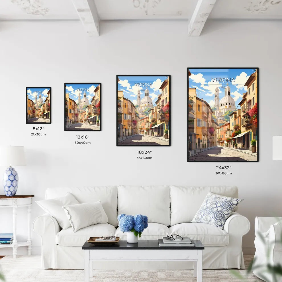 Verona, Italy - Art print of a street with buildings and a dome in the background Size Chart