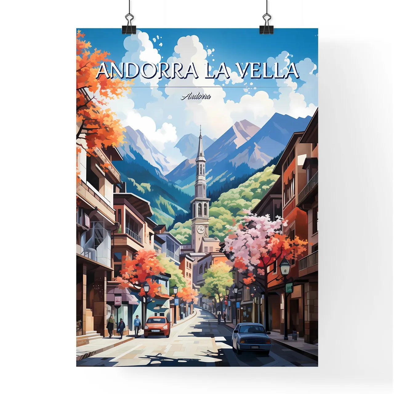 Andorra la Vella, Andorra - Art print of a street with buildings and trees and mountains in the background Poster