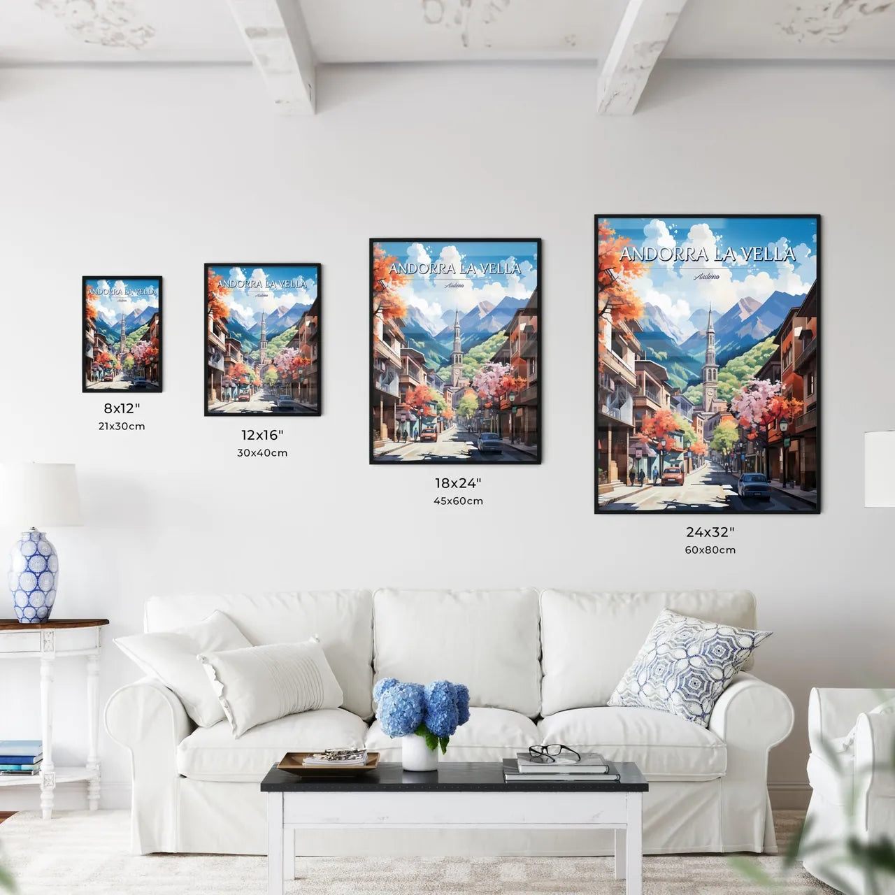 Andorra la Vella, Andorra - Art print of a street with buildings and trees and mountains in the background Size Chart