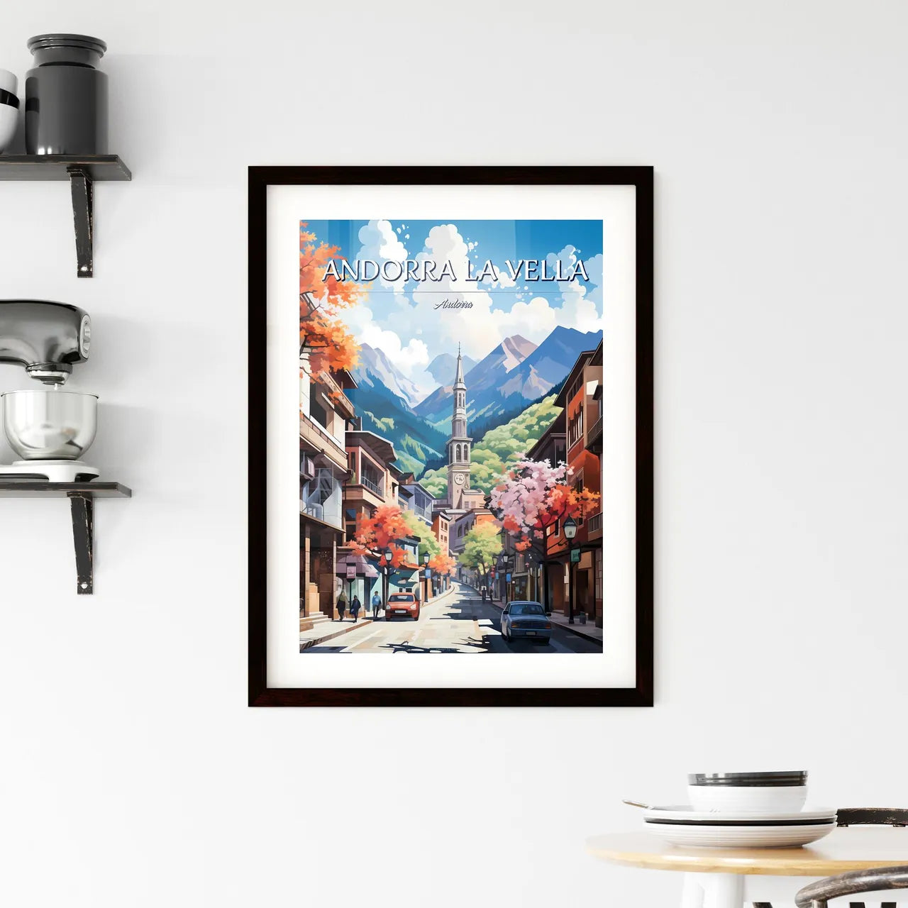 Andorra la Vella, Andorra - Art print of a street with buildings and trees and mountains in the background Custom Print