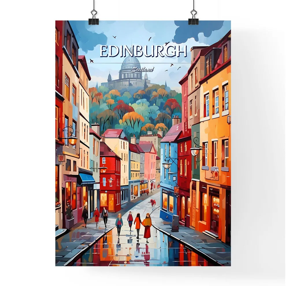 Edinburgh, Scotland - Art print of a painting of a street with buildings and people walking Poster