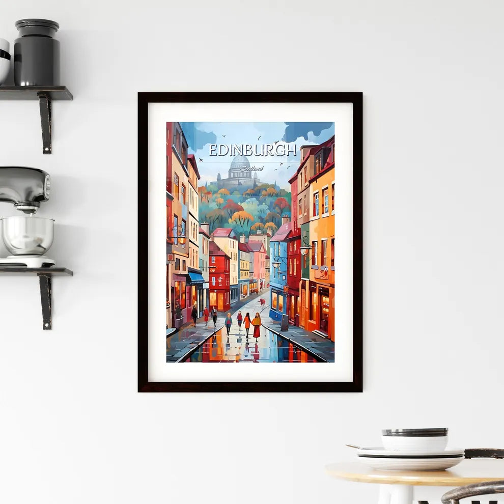 Edinburgh, Scotland - Art print of a painting of a street with buildings and people walking Custom Print