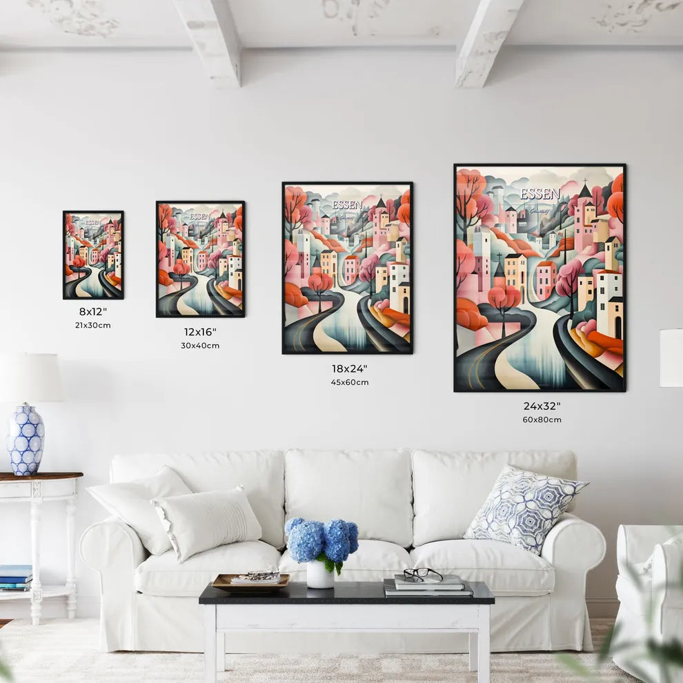 Essen, Germany - Art print of a painting of a town with trees and a road Size Chart