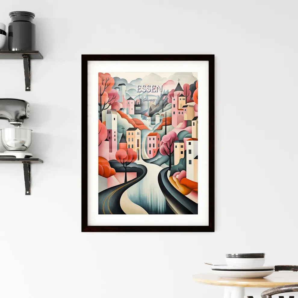 Essen, Germany - Art print of a painting of a town with trees and a road Custom Print