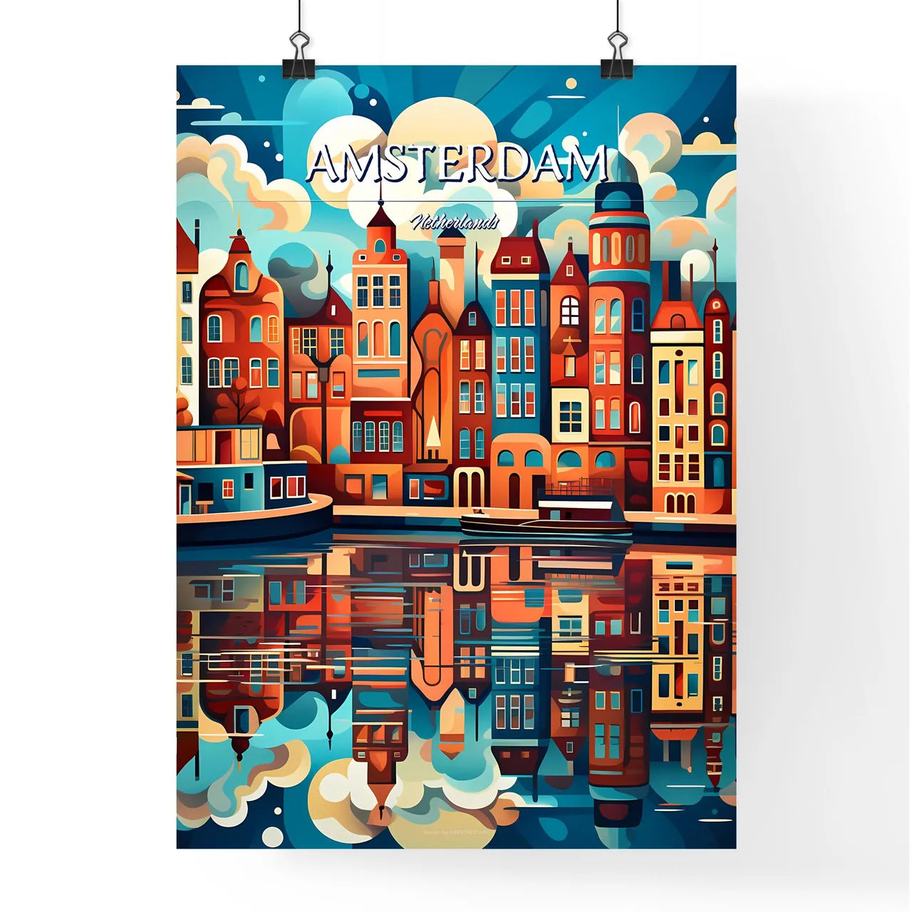 Amsterdam, Netherlands - Art print of a colorful city with boats and water Poster