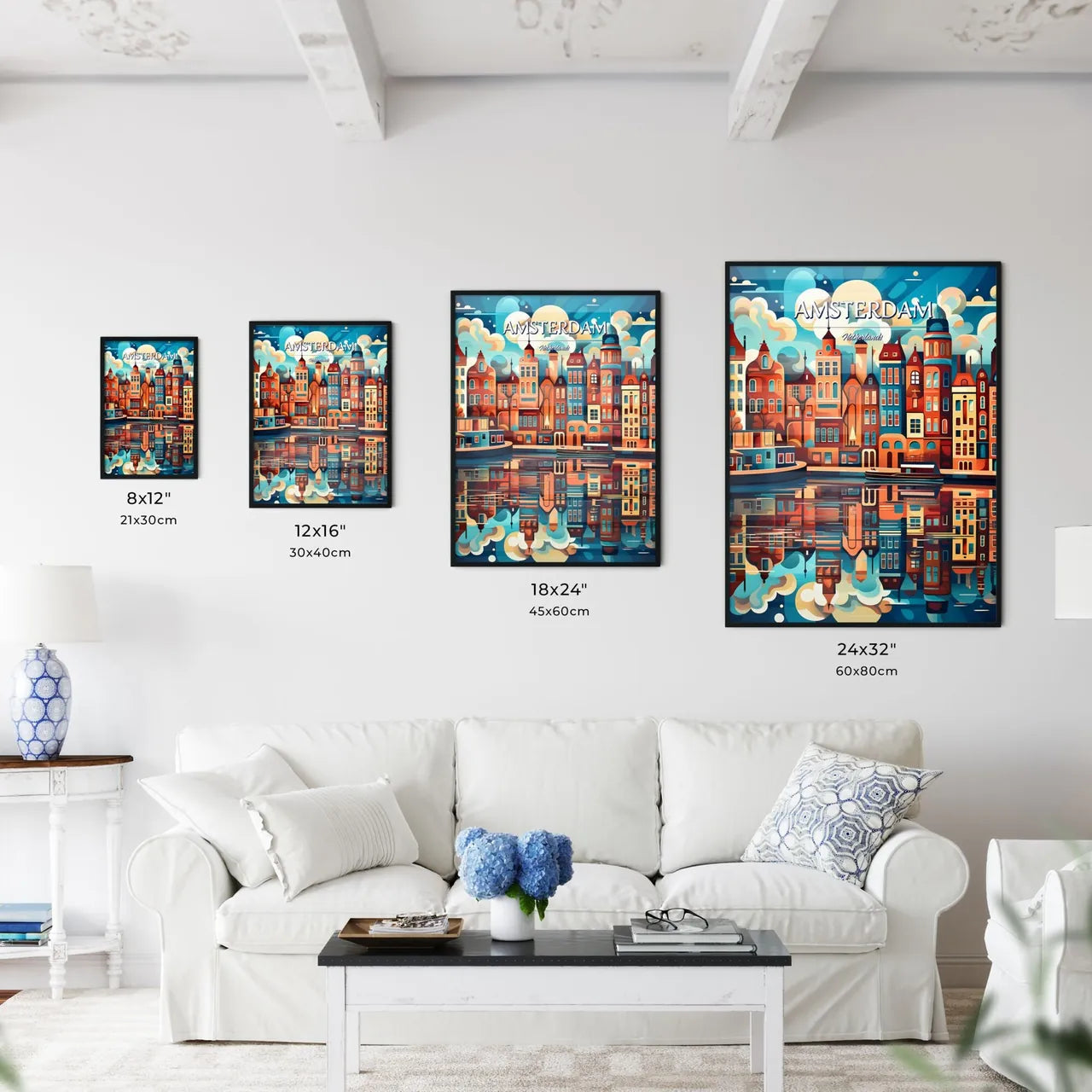 Amsterdam, Netherlands - Art print of a colorful city with boats and water Size Chart