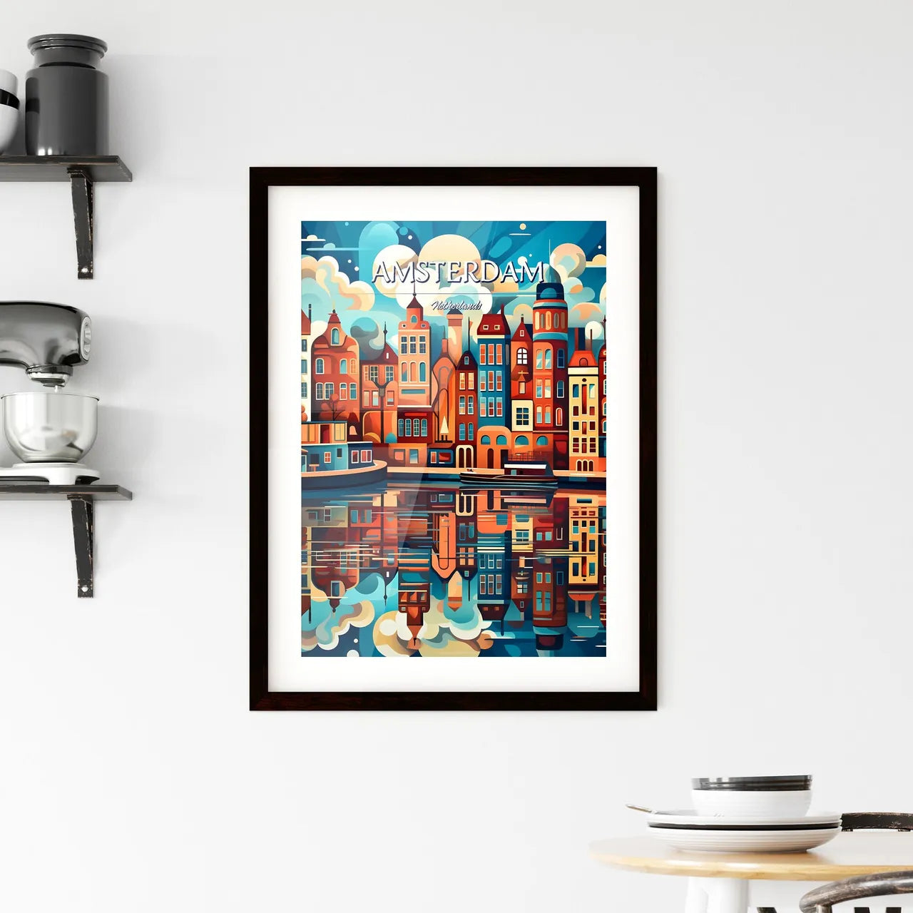 Amsterdam, Netherlands - Art print of a colorful city with boats and water Custom Print