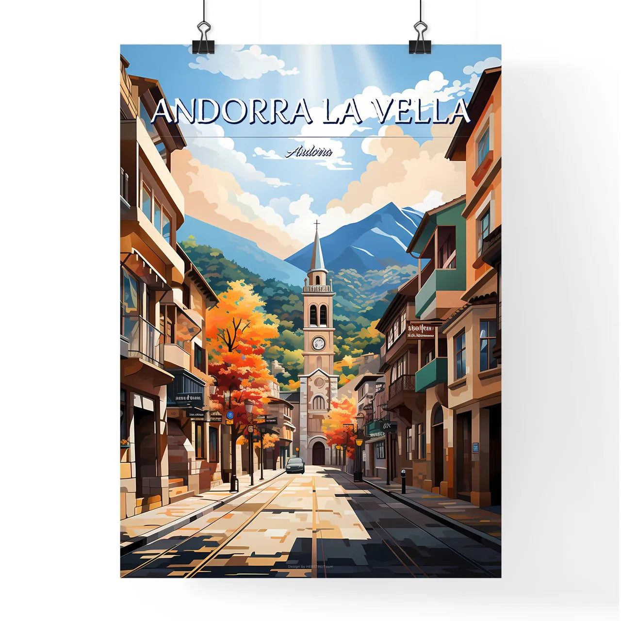 Andorra la Vella, Andorra - Art print of a street with a clock tower and buildings Poster
