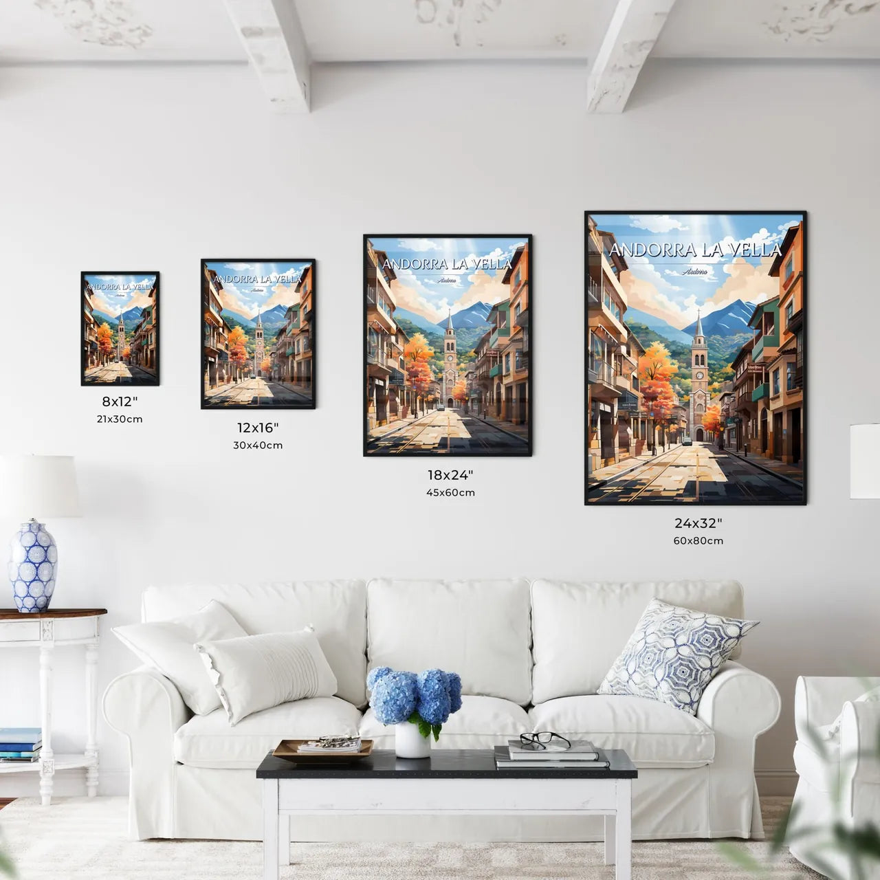 Andorra la Vella, Andorra - Art print of a street with a clock tower and buildings Size Chart