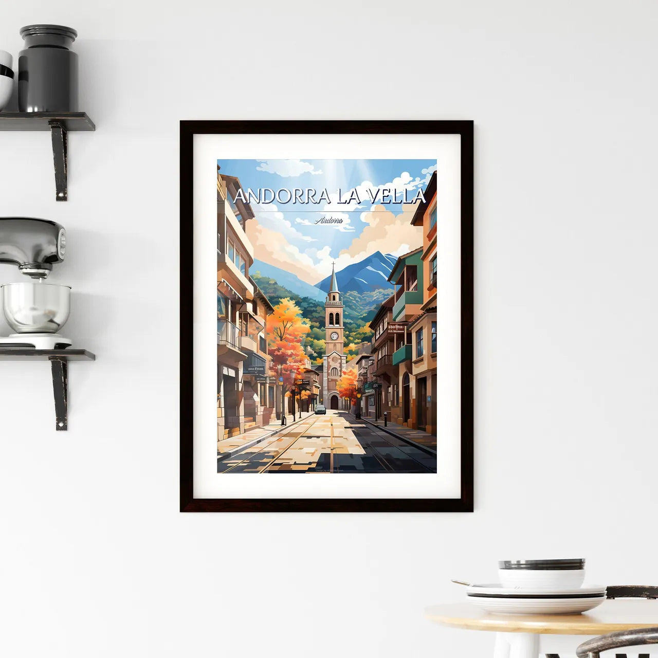 Andorra la Vella, Andorra - Art print of a street with a clock tower and buildings Custom Print