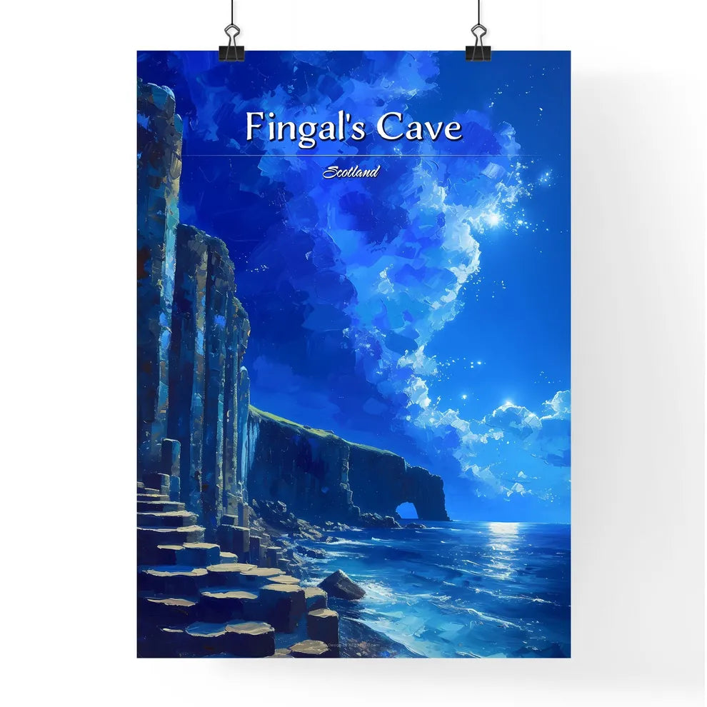 Fingal's Cave, Scotland - Art print of a rock cliff with steps and a body of water Poster