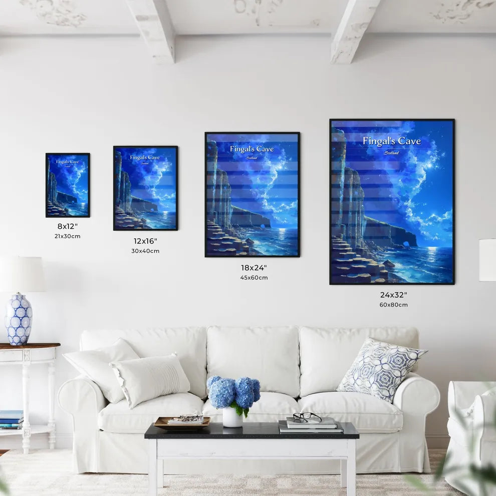 Fingal's Cave, Scotland - Art print of a rock cliff with steps and a body of water Size Chart